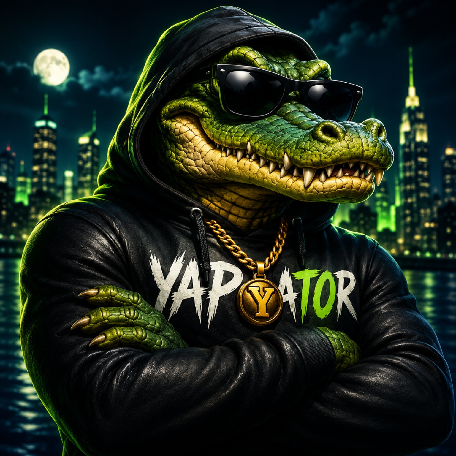 Yapgator mascot in a neon nighttime swamp